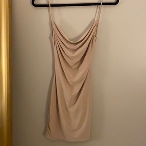 Tan cowl neck mini bodycon dress